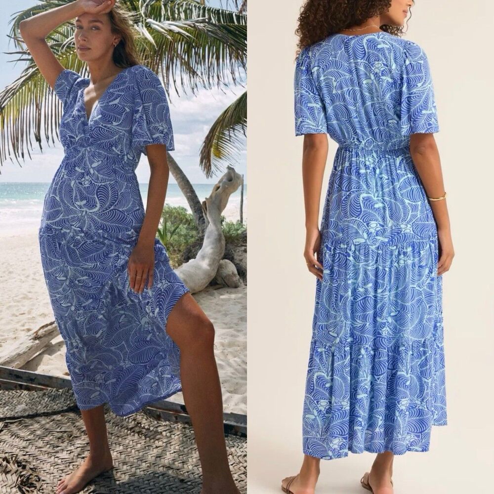 Z SUPPLY Kat Arta Floral Midi Dress Blue Tropical Palm Print Flutter Sleeve M